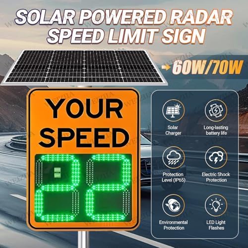 Solar Traffic Speed Radar Sign, Adjustable LED Speed Limit Display with Remote Control - Radar Detection & Warning Sign, Yellow 60x90cm (24