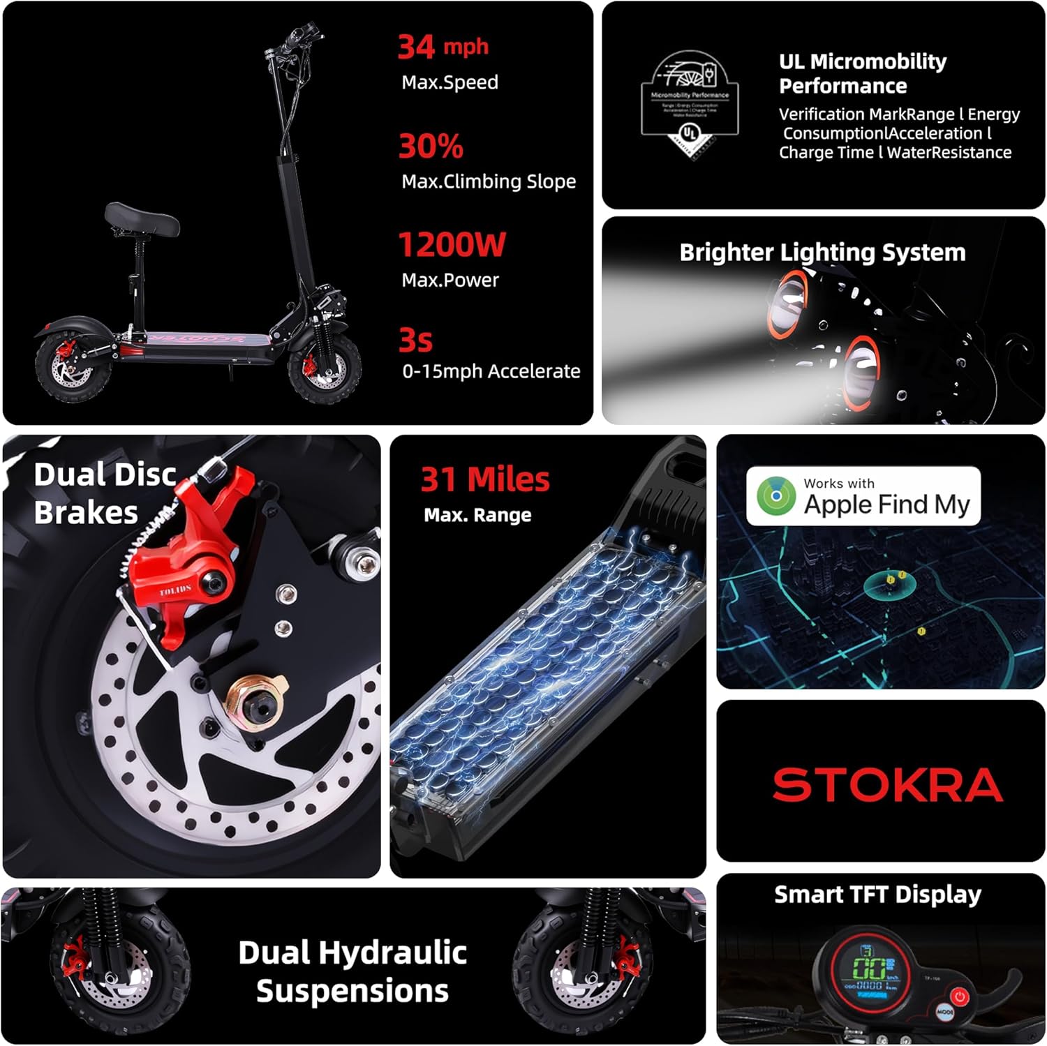Electric Scooter Aldults, 1200W Brushless Motor, Top Speed 34 MPH, 48V 18AH Battery, 37 Miles Long Range, 11