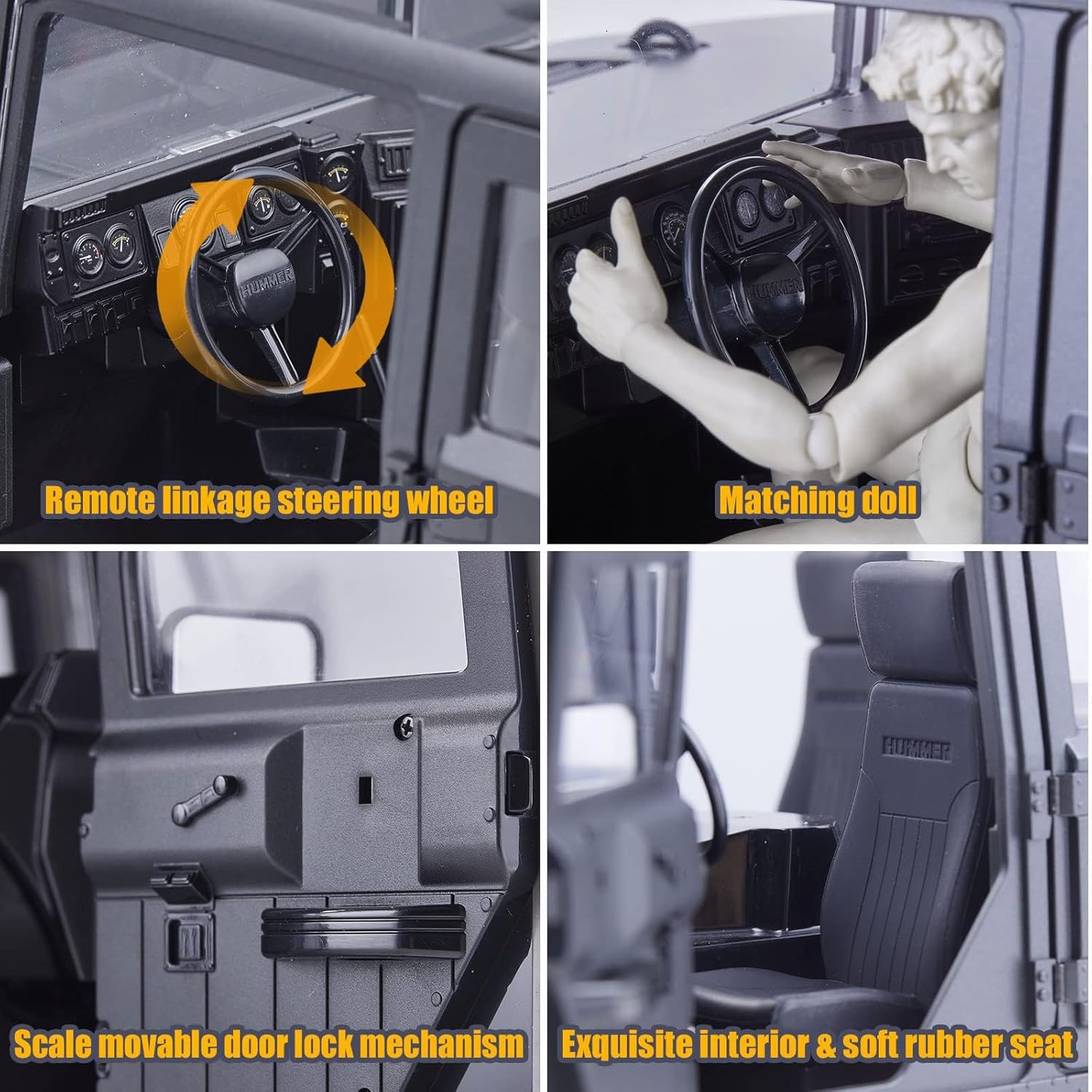 FMS 1/12 HMMWV H1 RC Crawler, 2/4WD Switch Off-Road RC Model Car, Remote Control Cars with 2 Speed Transmission, 20pcs LED Lights for Adults, RS (Yellow)