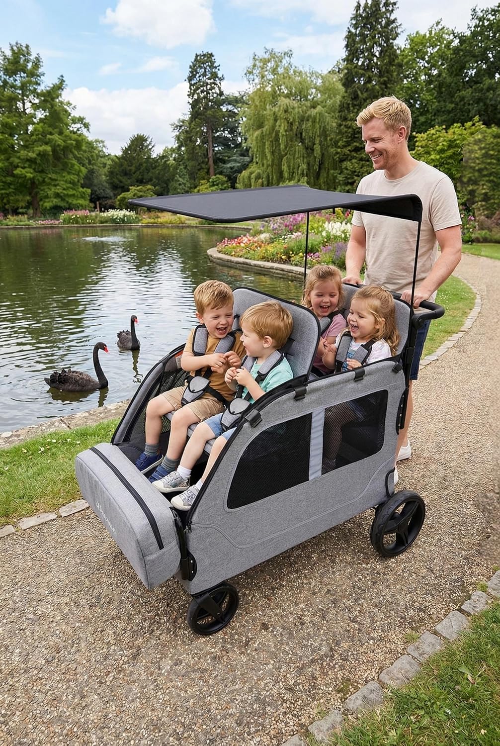 Car-Shaped 4 Seater Stroller Wagon for 2 3 Kids Foldable All-Terrain Quad Wagon with Removable Canopy, 5-Point Harness Elevated Seats, XL Storage Bag Shopping Outdoor (Light Grey)