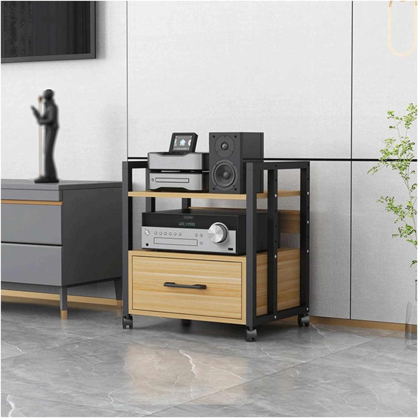 XMFBSY Medios 2/3/4 Tier Stereo Stand with Wheels & Drawer Movable AV Media Stand Adjustable Entertainment Video Game Equipment Console Shelf for Home Office Theater Organizer(Natural