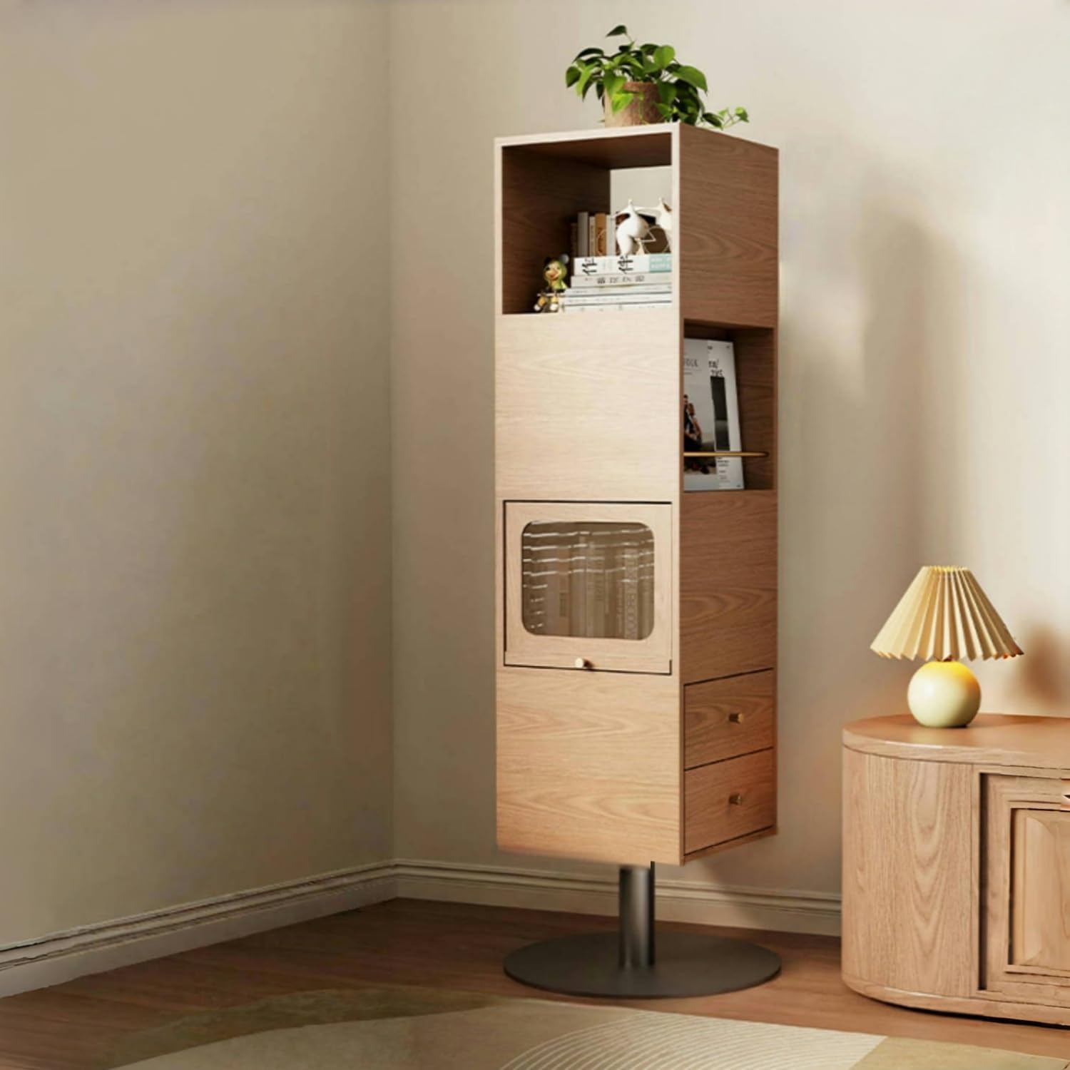 Kavie 360° Rotating Storage Cabinet, Large-Capacity Four-Sided Storage Bookcase, Suitable for Living Room, Bedroom and Study Room (Burlywood,4 Tier)