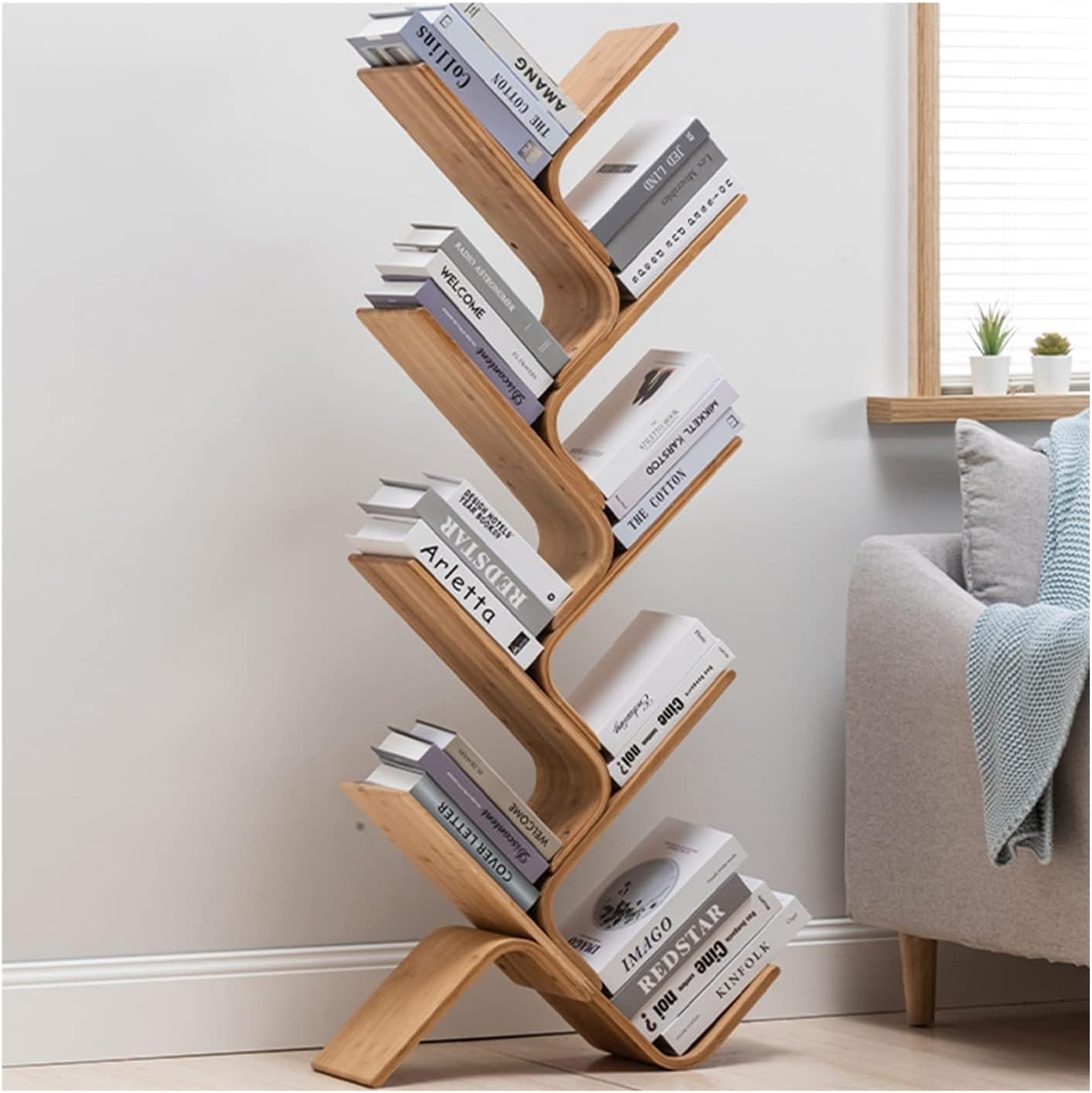 LXBAMKEA Tree Bookshelf, Bamboo Children's Bookcases, Free Standing Tall Book Stand, Bedroom Study Living Room Storage Organizer Unit, Comic Book Painted Book Display Shelf