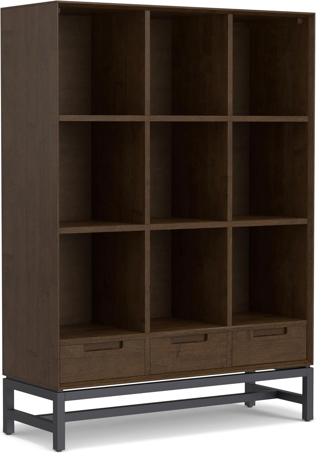 SIMPLIHOME Banting Bookcase - 42 inch Tall 9-Cube Solid Hardwood Cube Organizer with Drawers in Walnut Brown, Modern Industrial Storage for Living Room or Office with Metal Base and Open Shelves