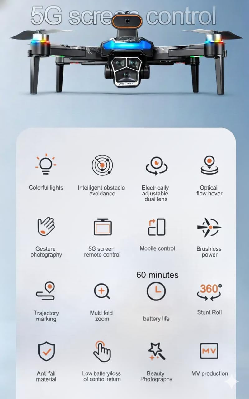 GPS Drone with 4k Camera for Adults,6 Axis gyro, 4.5” LCD Screen Controller,2 Batteries 60 Min Flight, Brushless Motor, SD Card Included, 5G FPV Quadcopter with GPS Auto Return, Follow me, under 250 Grams,professional drone A14 pro max by cratation.