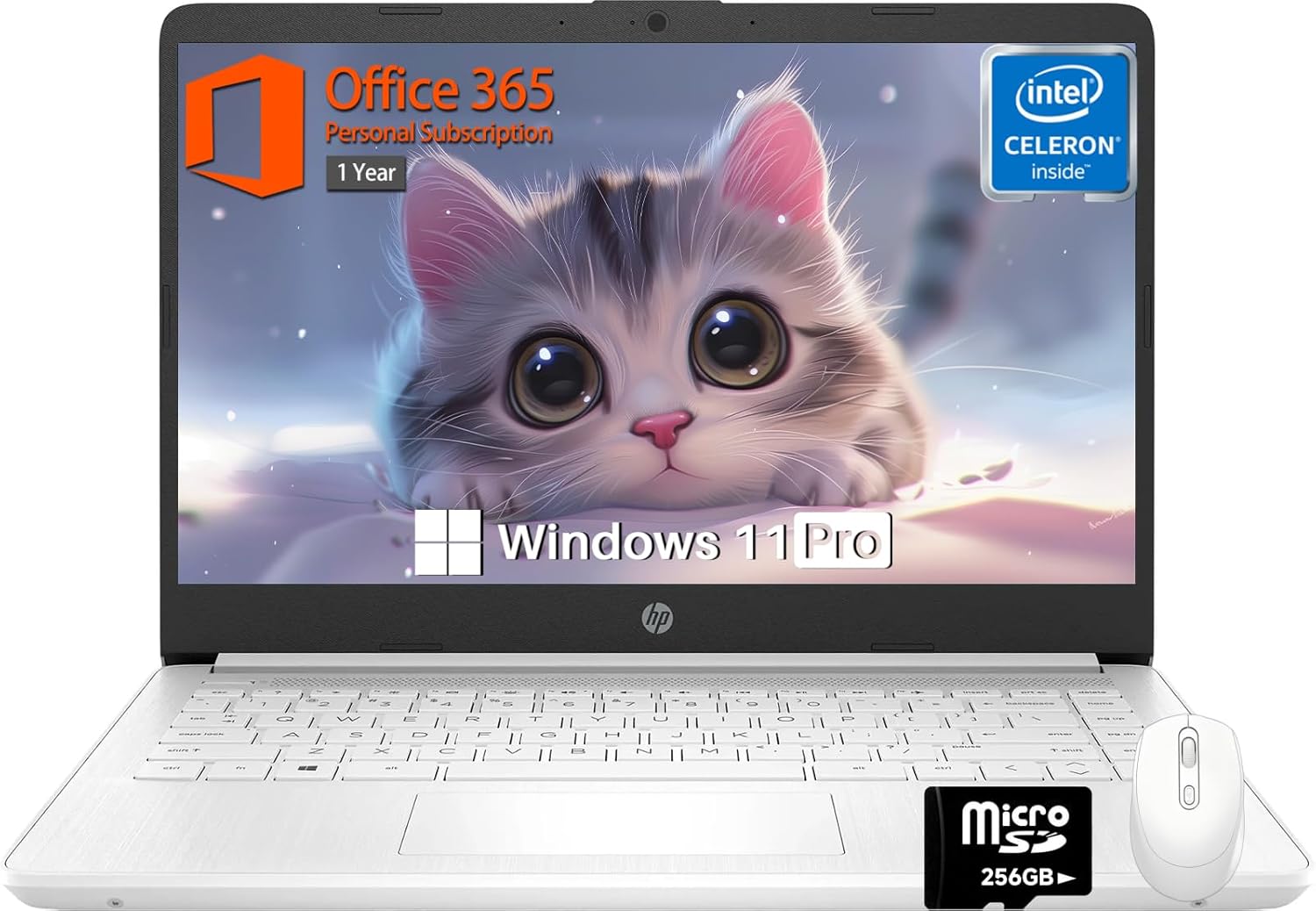 HP 14 inch Laptop Student Business, Intel Celeron N4120, 16GB RAM, 320GB Storage(64GB eMMC+256GB MSD), 1-Year Office 365, Intel UHD Graphics, Webcam, Windows 11 Pro, w/Accessories