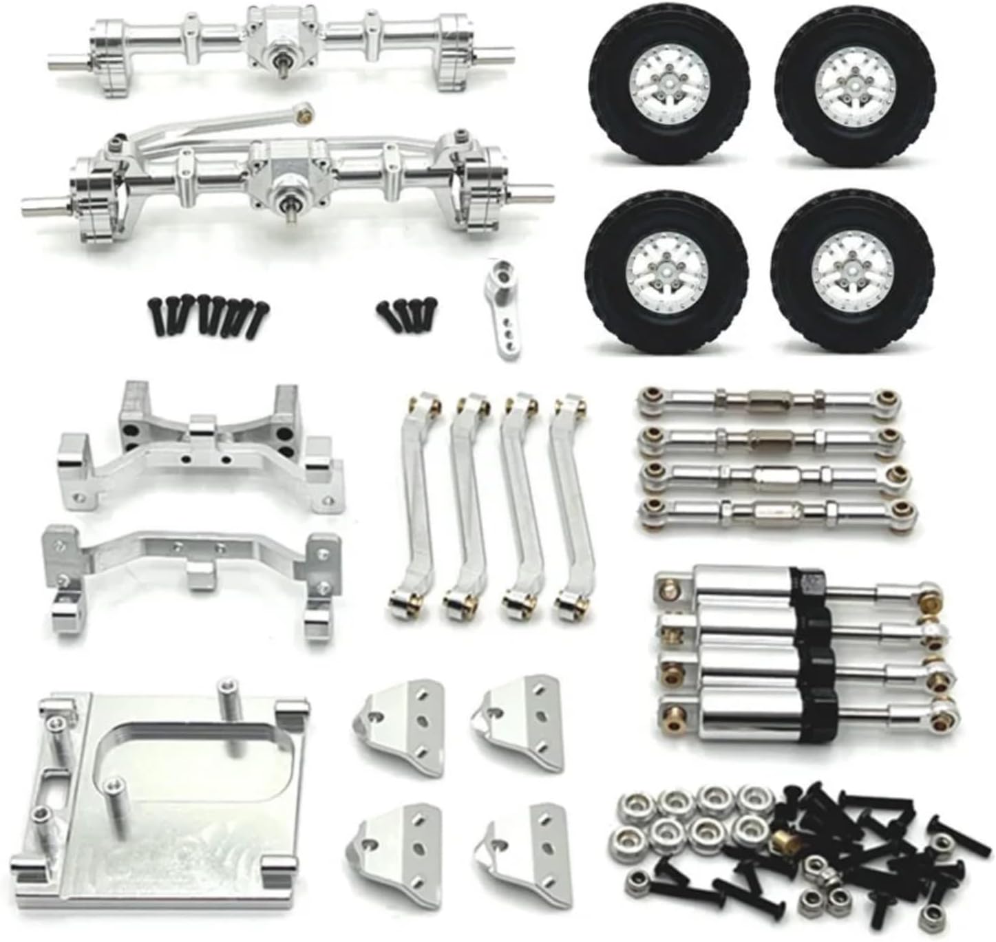 RC Car Parts for MN99S 2nd Generation 1/12 RC Car Metal Front and Rear Portal Axle for Chassis Link Rod Pull Rod Mount Shock Absorber Tire Set(Silver)