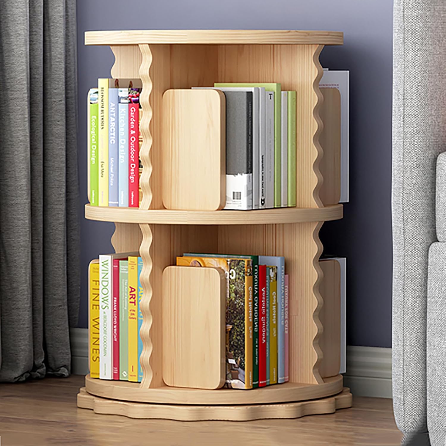 Rotating Bookshelf Tower,3/4/5 Tier Standing Bookshelf for Kids&Adults,360°Display Spinning Bookshelf,Wood Corner Rotating Bookcase Storage Rack,Bedroom,Living Room,Corner Bookshelf for Small Space