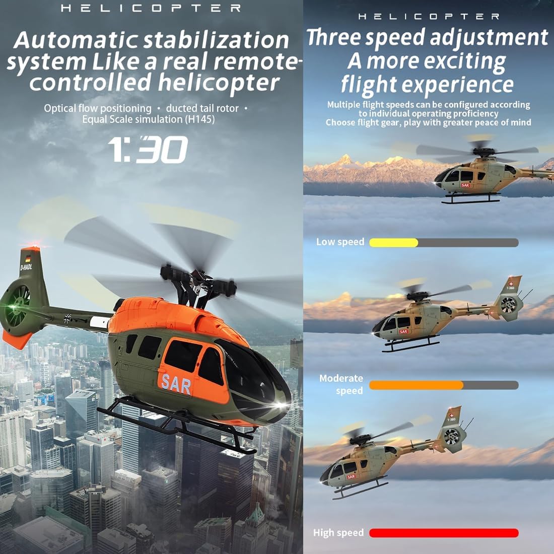 PIONEERX H145 C190 1/30 Scale Remote Control Helicopter for Adults Beginners, 6CH 2.4G 6-Axis Gyro 6G RC Helicopter Single Rotor No Ailerons Altitude Hover/Optical Flow Positioning - 4 Battery