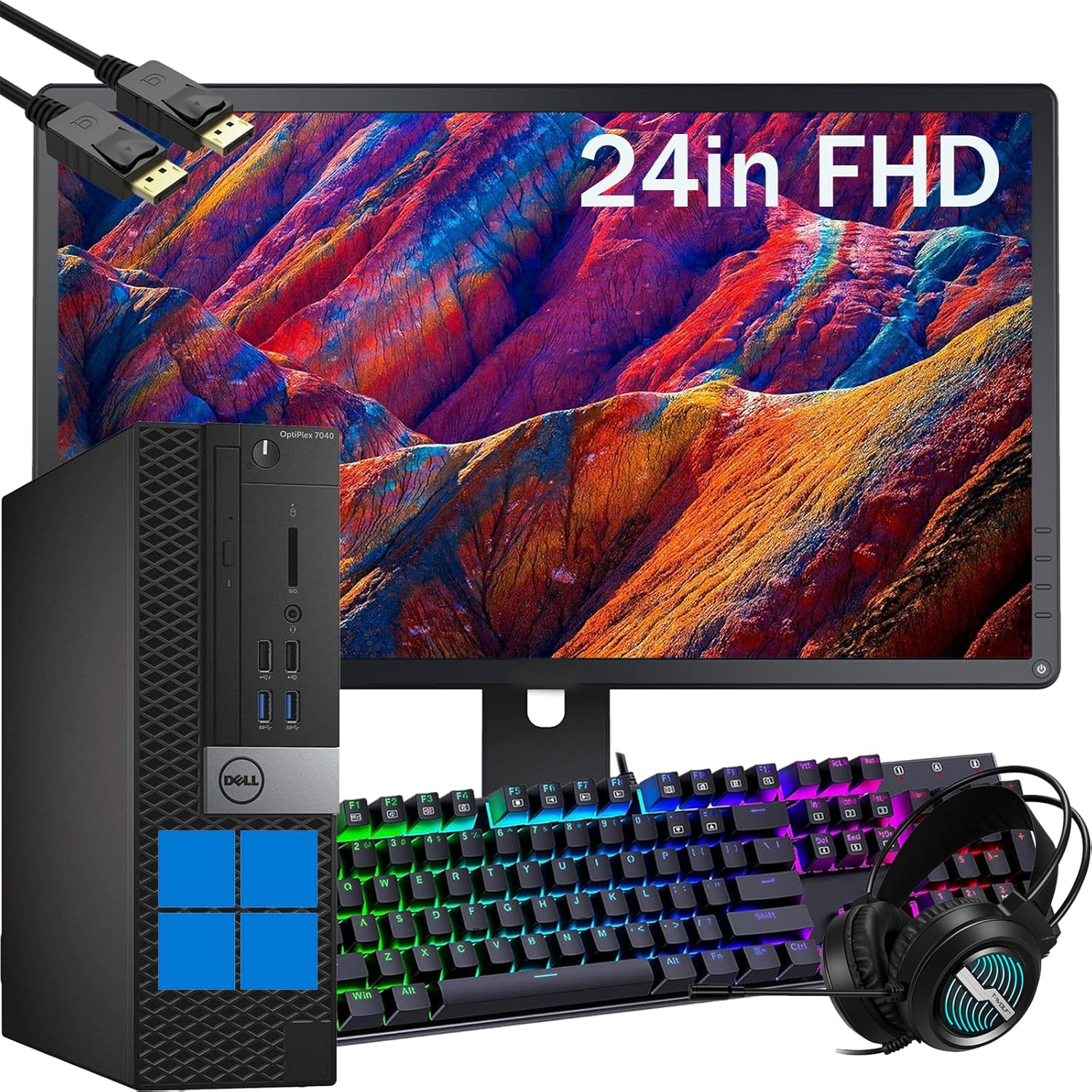 Dell OptiPlex 7040 SFF Desktop Win11 PC w/ 24in FHD Monitor, 7040 SFF PC Computer Core i5-6th, 16GB RAM, 256GB SSD, RGB Keyboard, Headset, DP Cable (Renewed)