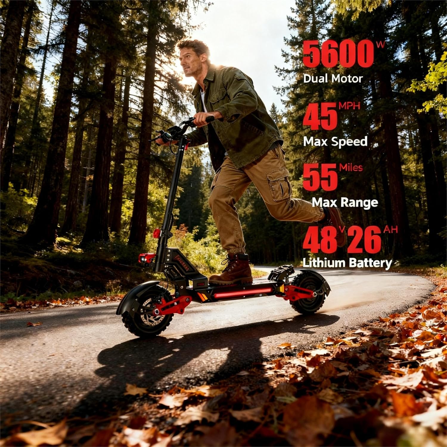 V2 5600W Dual Motor Electric Scooter for Adults, 48V26AH Lithium Battery, Up to 45MPH, 55 Miles Range, Dual Suspension, Dual Brakes, 3 Speed Modes, LCD Display – Off-Road Folding E Scooter