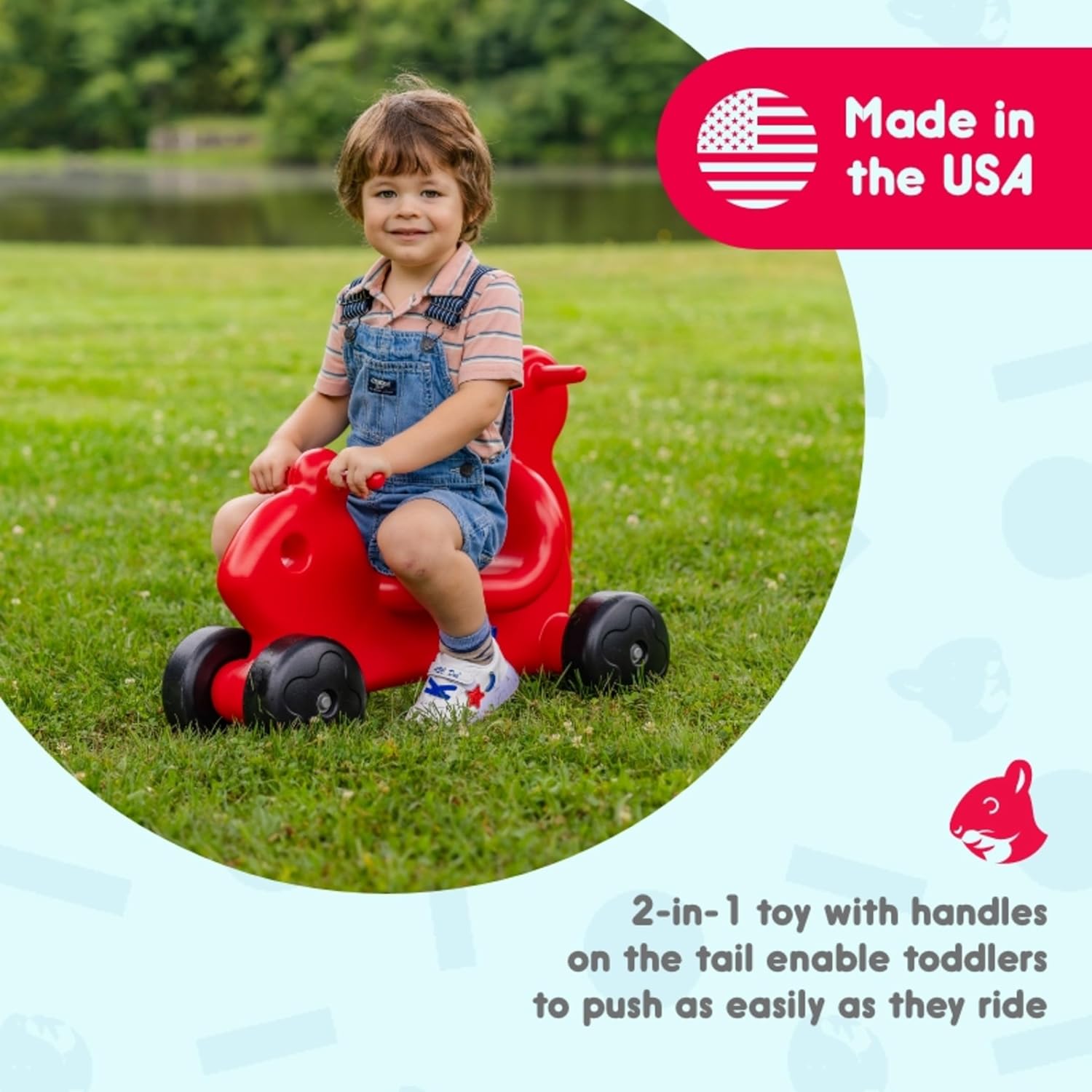 Careplay 2-in-1 Squirrel Push & Ride-on Toy, Indoor & Outdoor Use, Low Profile Seat, Recommended for Children up to 50lbs, Durable Construction, Made in The USA, 4-Pack, Blue, Red, Green, and Purple