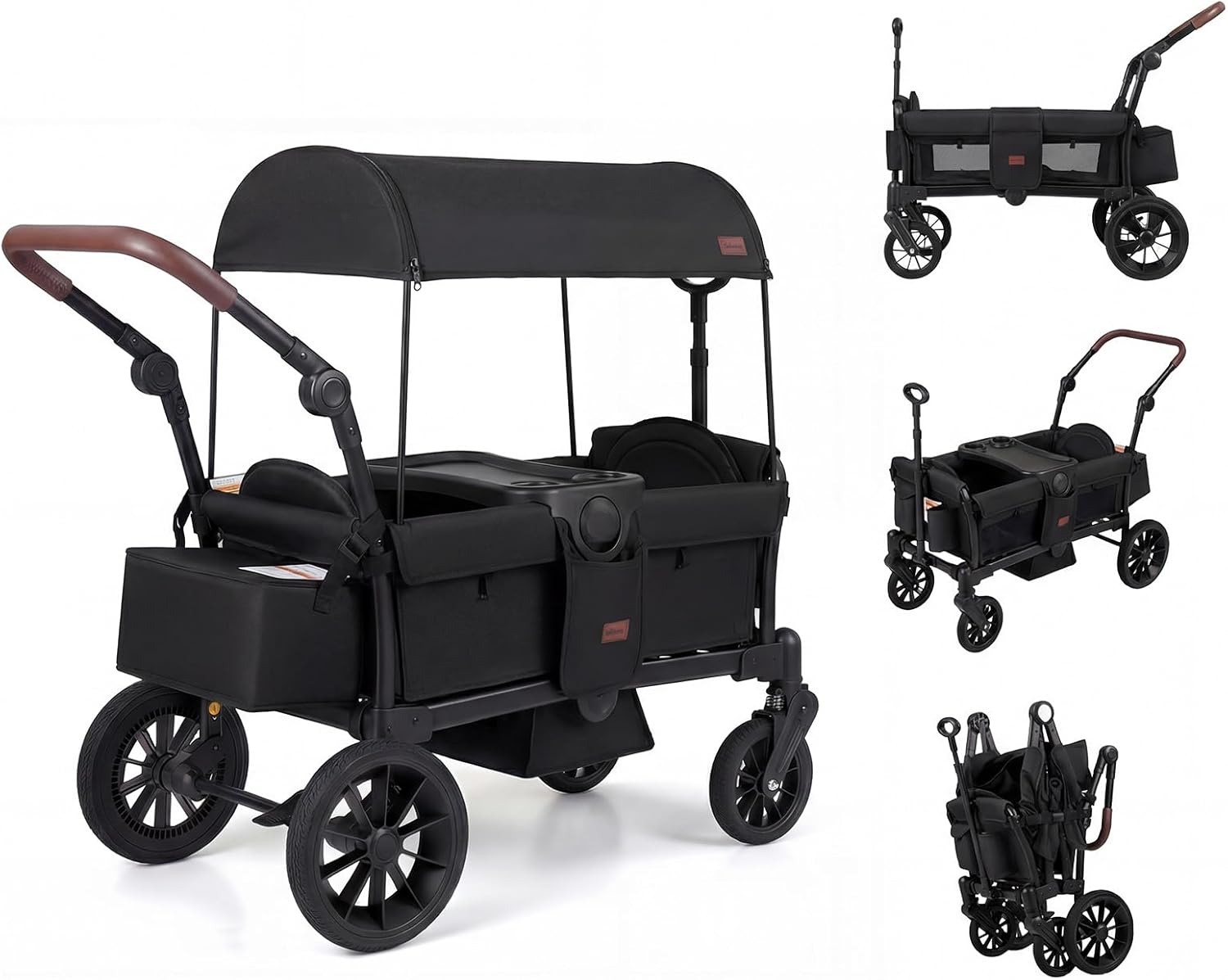 INFANS Wagon Stroller for 2 Kids, Foldable Wagon Cart with Adjustable Handle Pull Bar, Removable Canopy, Footwell, Snack Tray, Harnesses for Infants Toddlers 6-36 Months (Black)