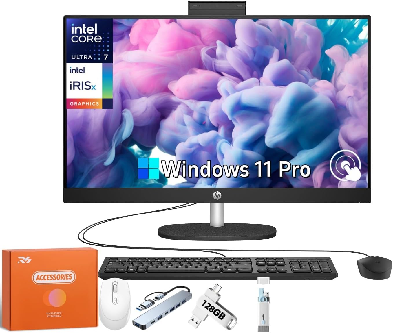 HP 27 inch Touchscreen All in One Desktop Computer, Intel 12-core Ultra 7 155U(Up to 4.8 GHz), Intel IrisX Graphics, 64 GB DDR5, 2 TB SSD, Wired KB & Mouse, Windows 11 Pro, w/RH-Accessories