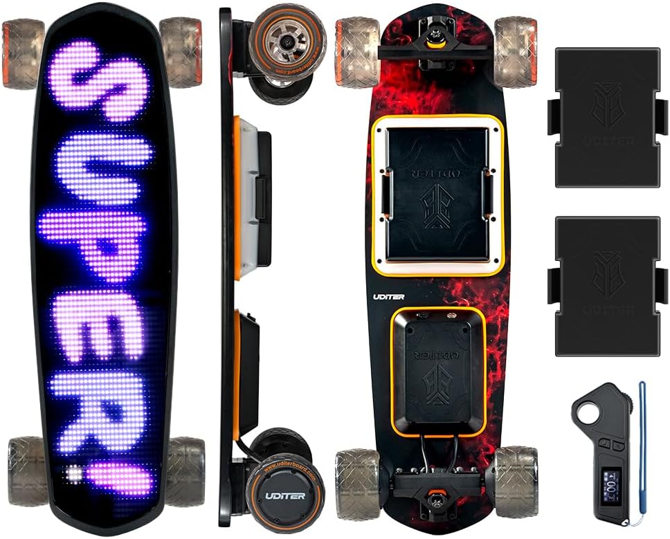 Electric Skateboard with Remote, Max 600W×2 Hub-Motors, Swappable Battery, Up to 28 MPH, 12–25 Miles Range, 4 Speed Modes, Electric Longboard for Adults & Beginners (Flamo / S3 / Pixel Series)