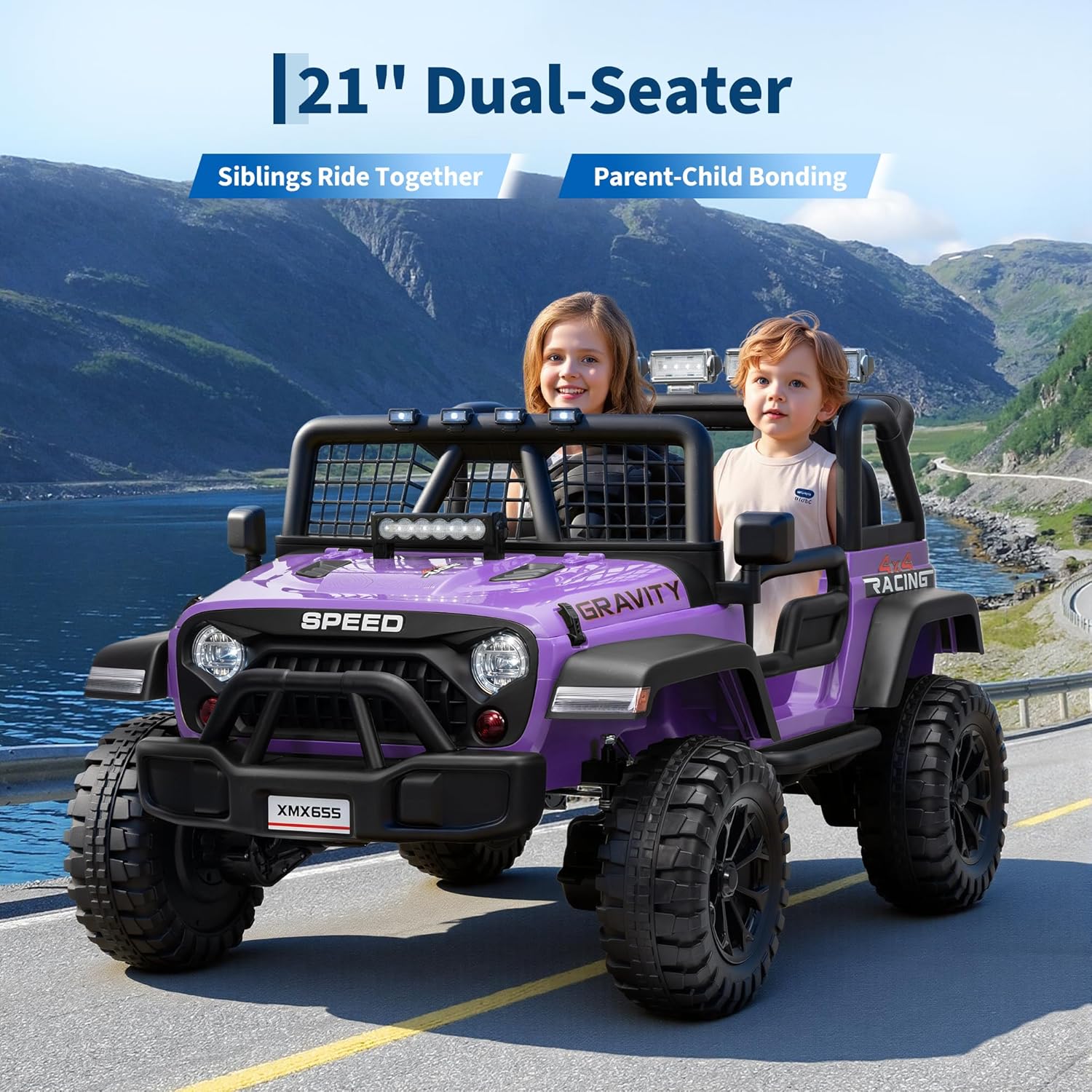 24V 2-Seater Kids Electric Truck with Parent Remote Control, 100Min Ride-on Car, 4WD Dual Motor, 2 Speeds, Spring Shock Absorber, LED Headlights, Siblings Gift Kids Electric Vehicle, Purple