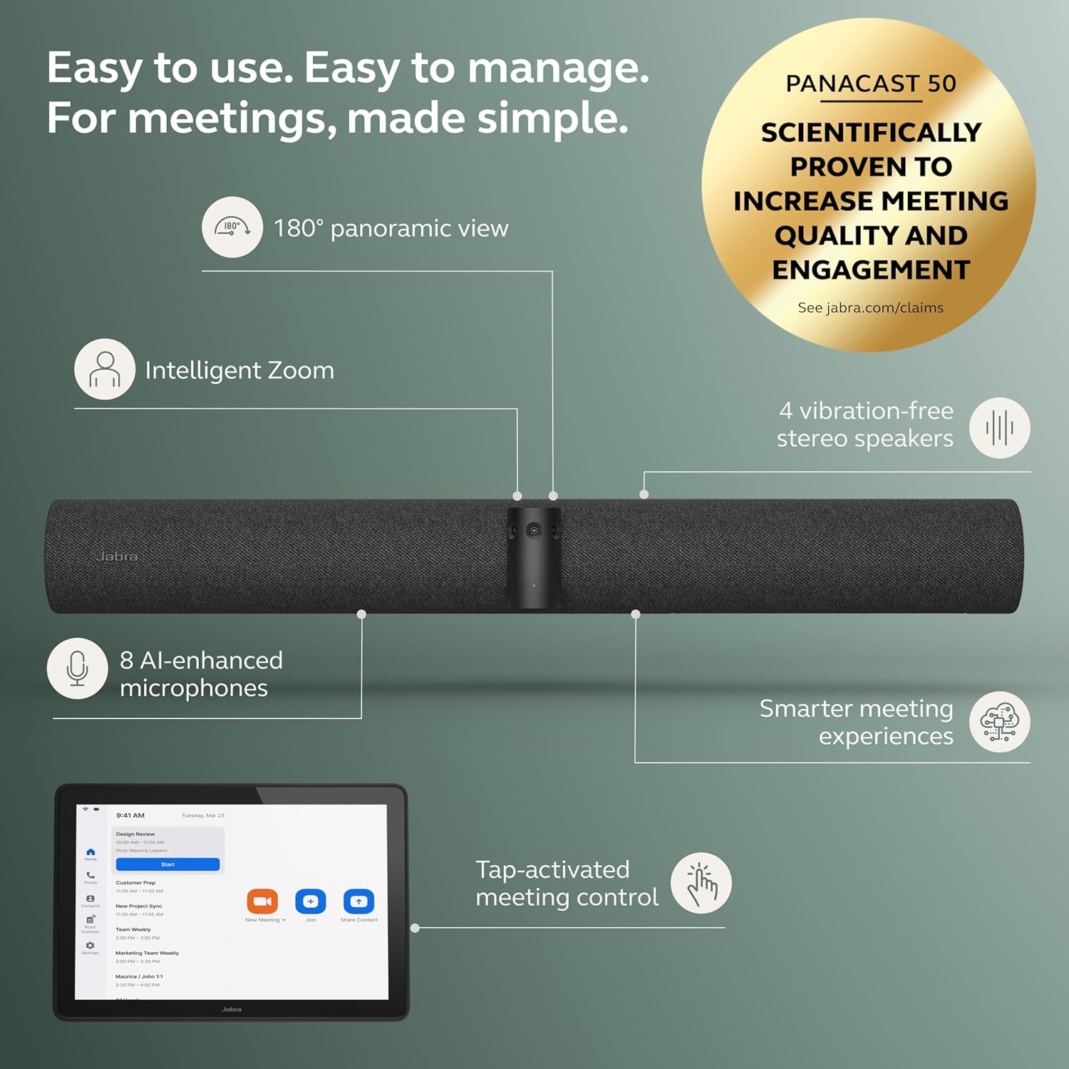 Jabra PanaCast 50 Video Bar System - All-in-one Meeting Room Solution, Audio bar, 180° Full-Room Webcam, Intelligent AI-Enabled Features, and PanaCast Control Touchscreen - Zoom Certified - Black