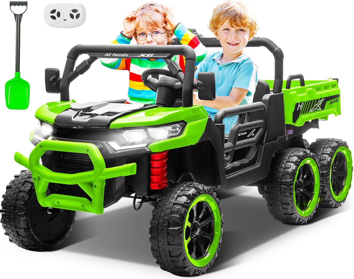 24V 2-Seater Ride on Dump Truck, 4WD 6-Wheel Kids Ride on Car Toys w/Remote Control, Electric Dump Bed, Toy Shovel, LED Lights and Music, 24V Ride on Toys for Big Kids Boys Girls (Green)