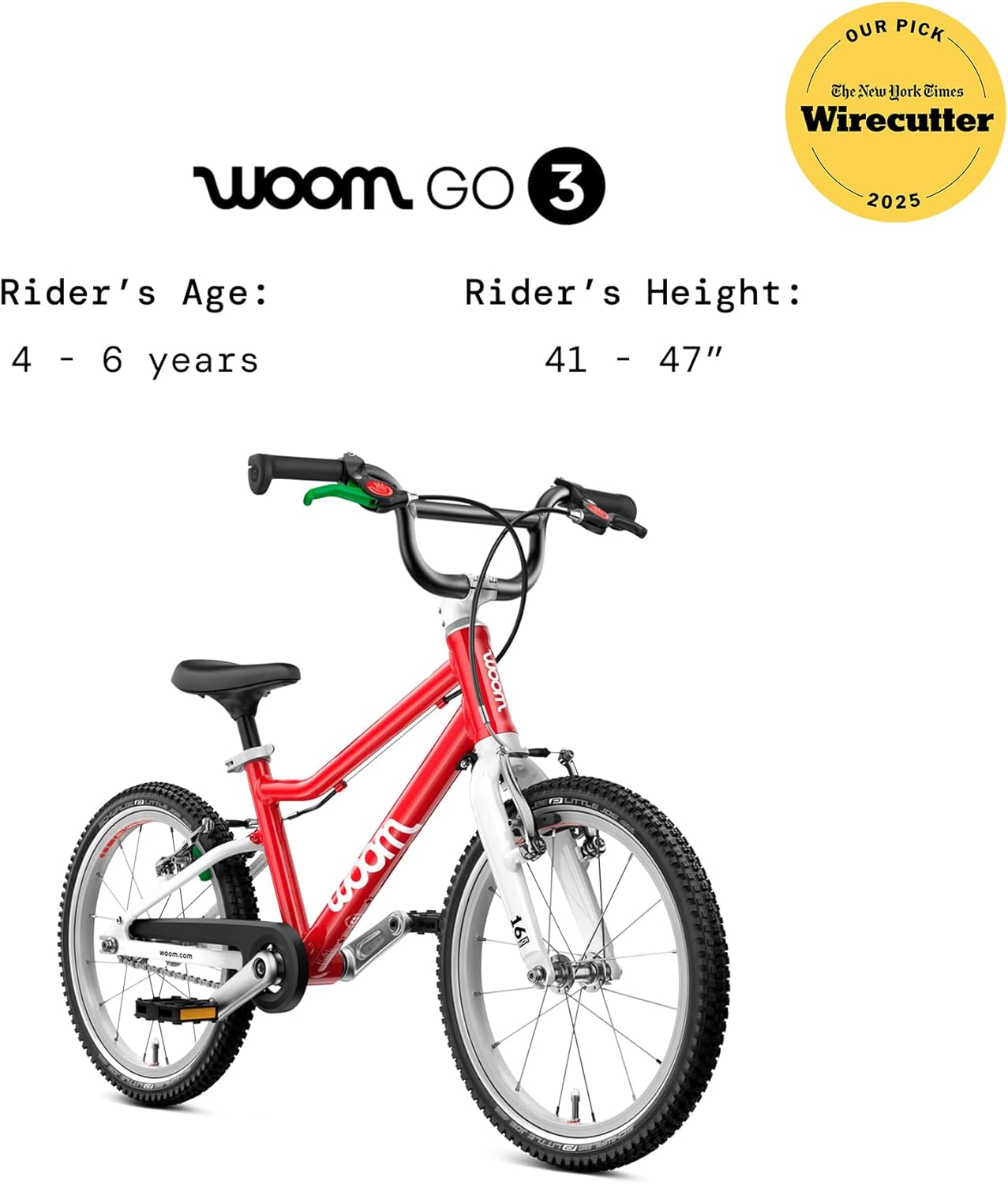 woom GO 3 Bicycle for Children 4 to 6 Years Old, 16-Inch Lightweight Bike with Handbrake, Steering Limiter & Chainguard for Boys & Girls
