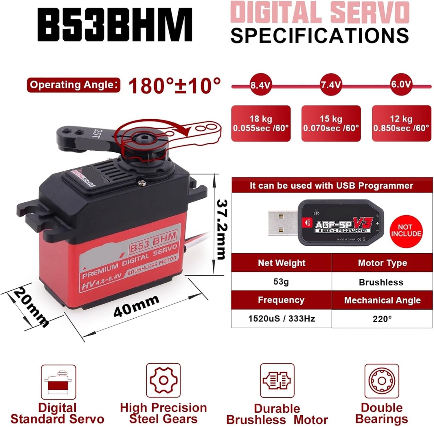 Servo B53BHM 18KG 0.055sec High Pressure Digital Coreless Standard Brushless Servo FET Drive RC Crawler 1Pcs(B53BHMx2pcs)
