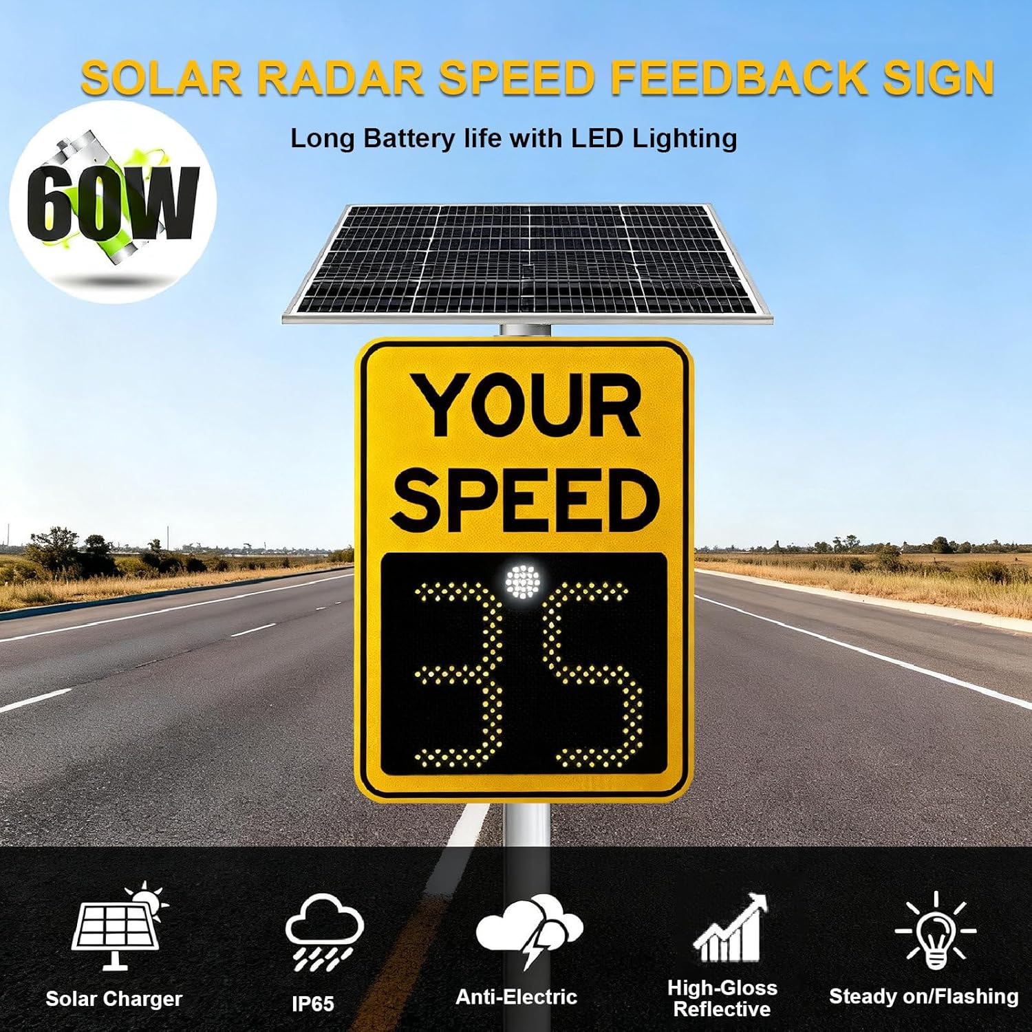 Upgrade Speed Display Radar Traffic Sign With Real-Time Led Feedback | Road Warning Sign For Enhanced Road Safety On 24x35 Inch Weatherproof Board | Long-Range 4-Lane Detection 24x35in-White