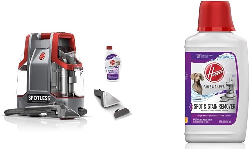 Hoover Spotless Portable Carpet & Upholstery Spot Cleaner, FH11300PC, Red and Hoover Paws & Claws Premixed Spot Machine Cleaning Shampoo, Pet Stain Solution and Odor Remover, 32oz Formula, AH30940