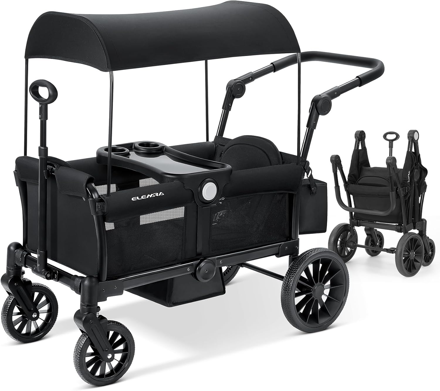ELEMARA Foldable Wagon Stroller, Stroller Wagon for 2 Kids, Premium All Terrain Wagon for Kids with Removable Canopy, Adjustable Push/Pull Handle, Harnesses, Large Storage Bag