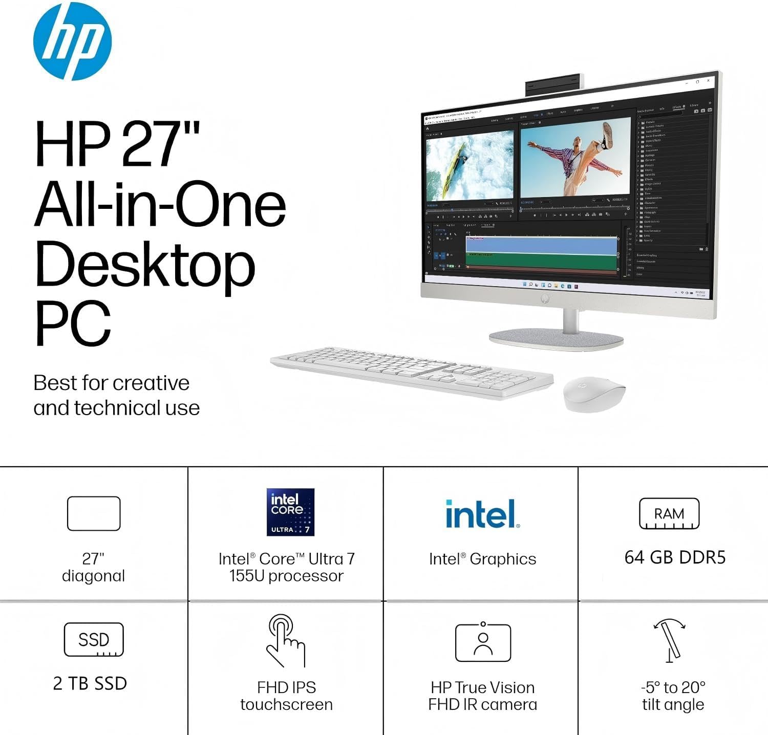 HP 27 Inch Touchscreen All in One Desktop Computer, Intel Ultra 7-155U(Up to 4.8 GHz), 27