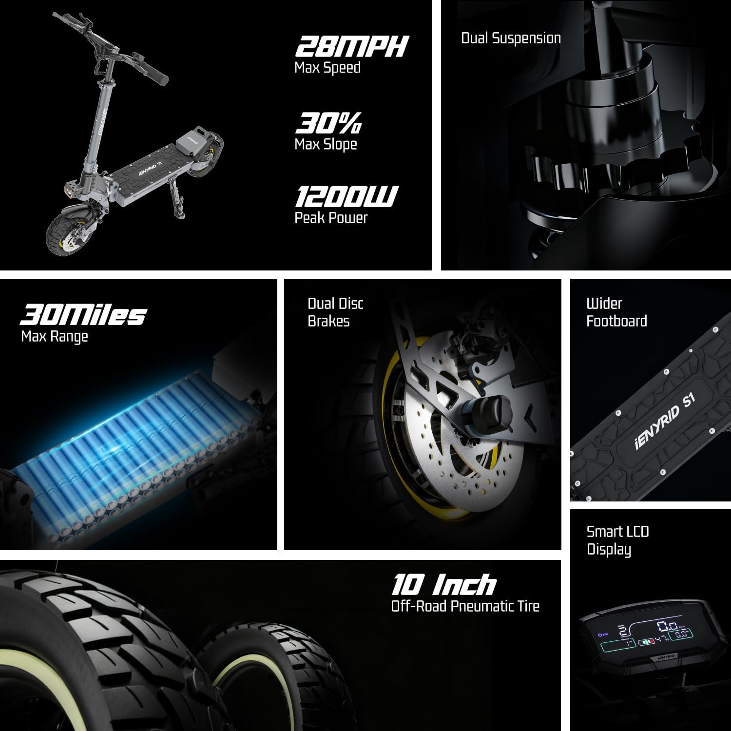 S1 Electric Scooter Adults, 1200W Peak Motor Off Road Electric Scooter, Up to 30 Miles Range / 28MPH, 10