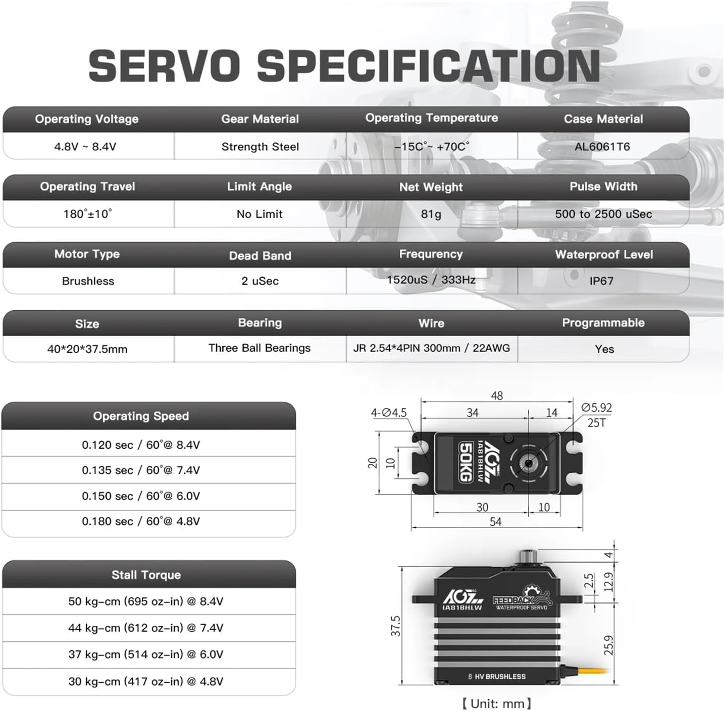 50KG Ultra-Large Torque Analog Feedback servo IA81BHLW high-Pressure Steel Gear programmable Waterproof brushless Steering Remote Control servo Motor(IA81BHLW set2)