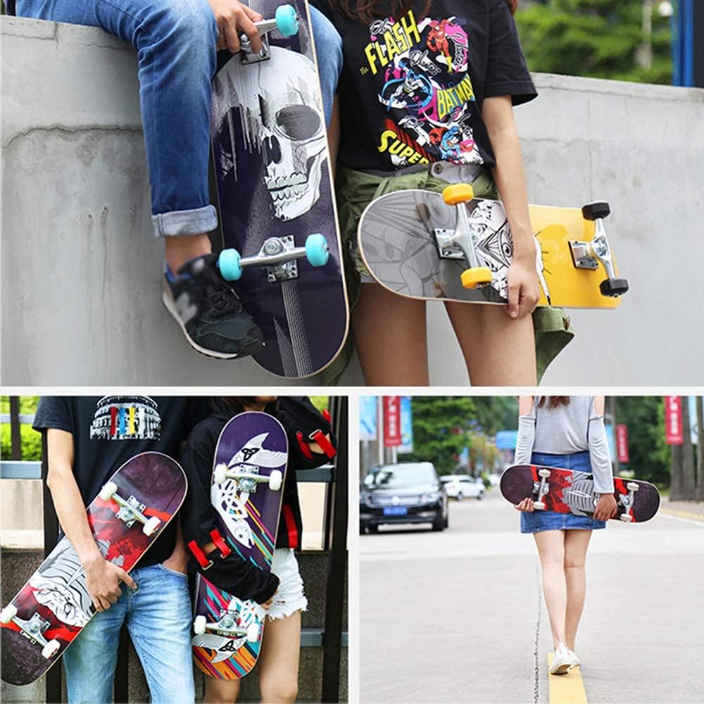 Complete Skateboard - 7-Ply Chinese Maple Wooden Skate Board - Perfect for Kids and Beginners Learning New Stunts and Tricks Skateboard Cruiser Retro Skateboard Wheels with All-in-One Skat (D)