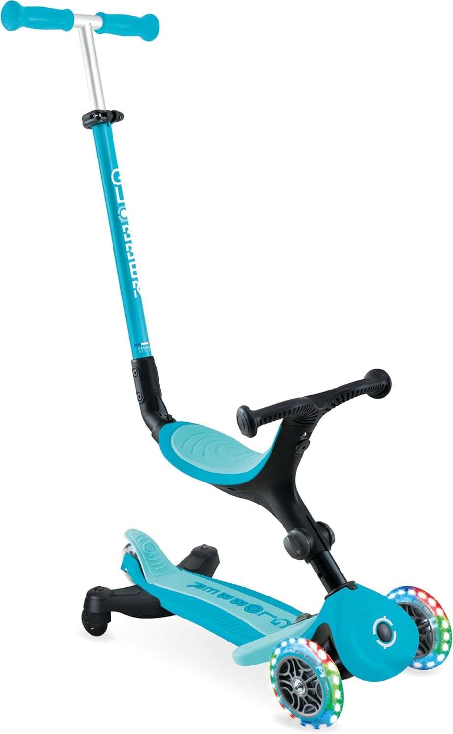 Globber - GO•UP Active Lights 360 - Evolutionary Scooter with 360° Rotating Seat, Footrest, LED Lights and 3 Wheels, for Children from 15 Months to 6 Years - Aqua Blue