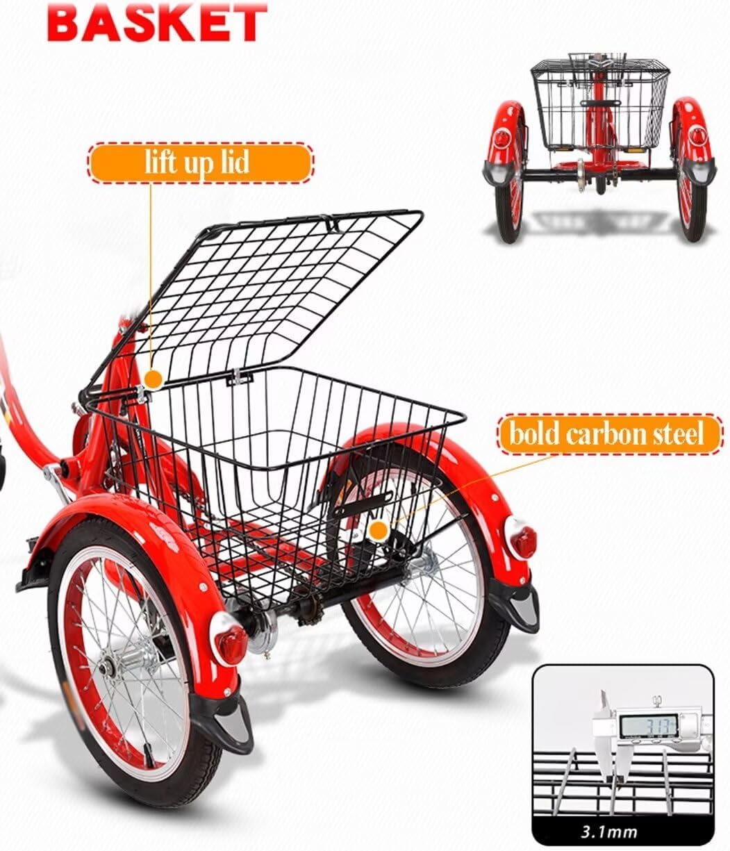 Large Pedal Tricycle with Rear Basket,Cargo Trike with Large Rear Vegetable Basket,16inch 3 Wheel Trike for Adult and Elderly,Rickshaw Trike with Sensitive Brakes (Black 16 in)