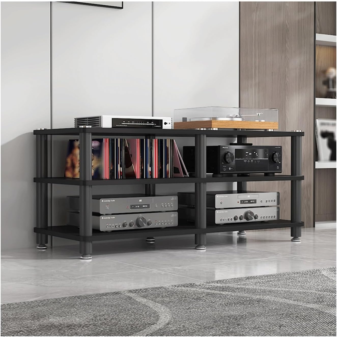 Audio Video Equipment Tower Rack HiFi Stand Modern Stereo Component Cabinet Record Player Turntable Amplifier Receiver Shelf for Game Console(Black