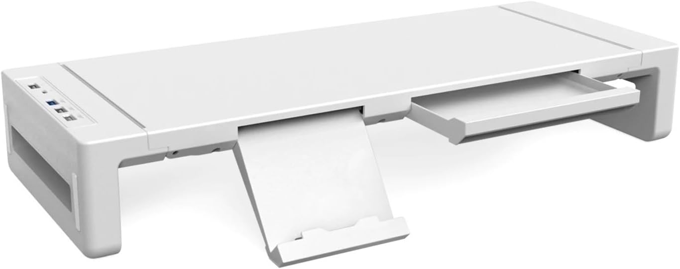 Multifunctional RGB Computer Monitor Stand Foldable with USB3.0 Port Keyboard Mouse Storage Rack and Drawer Type Monitor Stand(White)