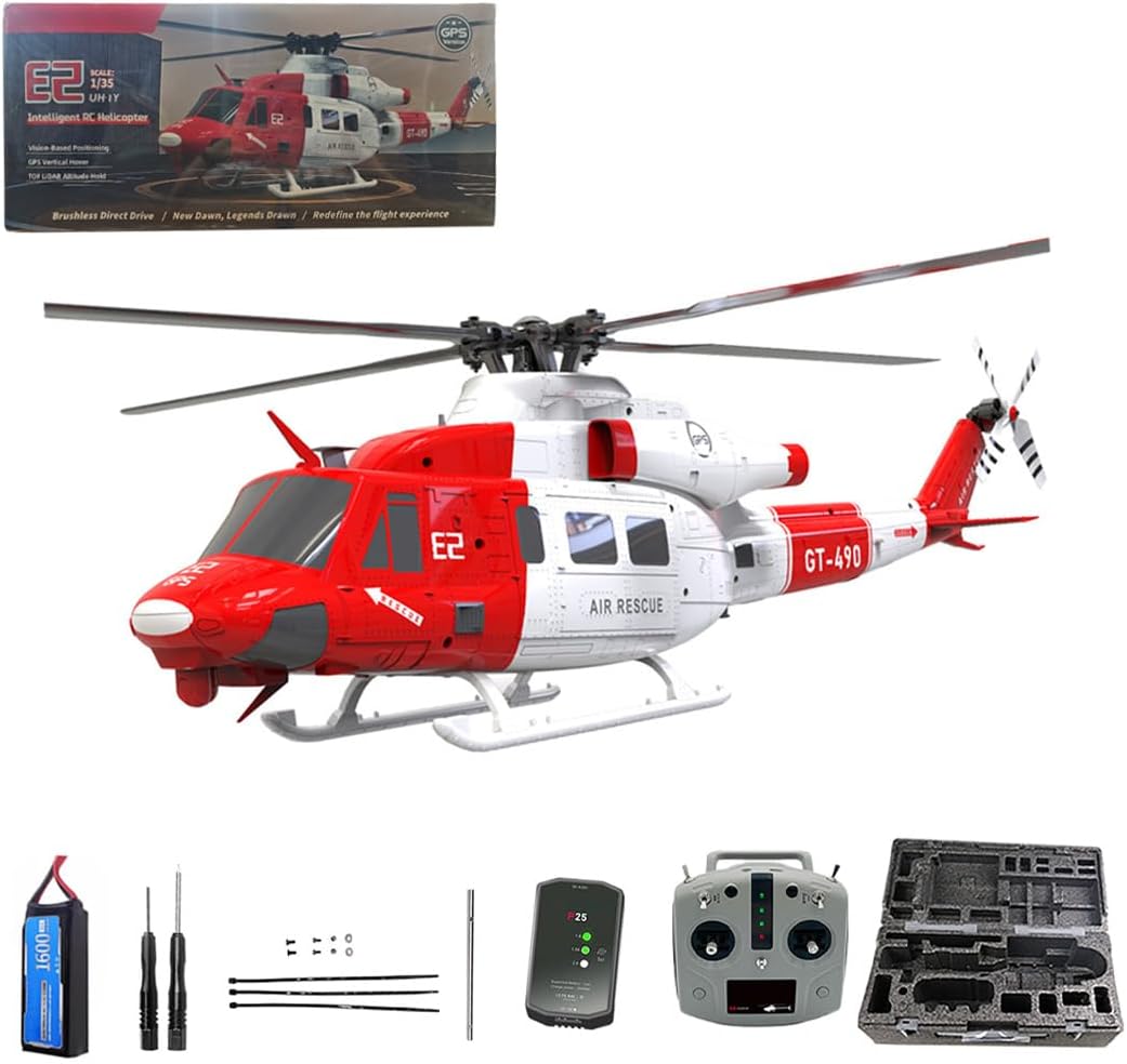 GS E2 UH-1Y RC Helicopter with GPS Lidar Positioning, 2.4G 6CH Dual Brushless Direct Drive Aerobatic Remote Control Helicopter Model, Rescue Livery RC Aircraft Toy Gift -RTF