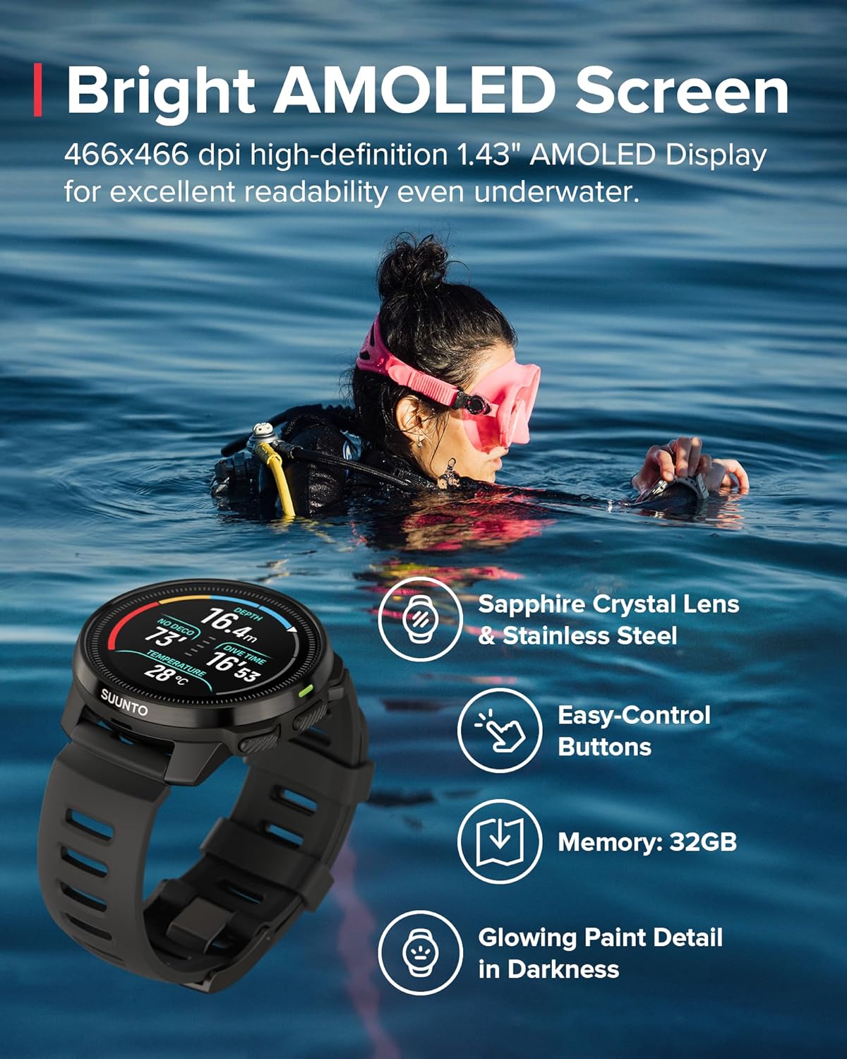 SUUNTO Ocean Dive Computer, GPS Multisport Watch for Training, Underwater Route Tracking & Wireless Tank Pressure Monitor, AMOLED Touchscreen, Dualband GNSS, Offline Map, 26D Battery Life, All Black