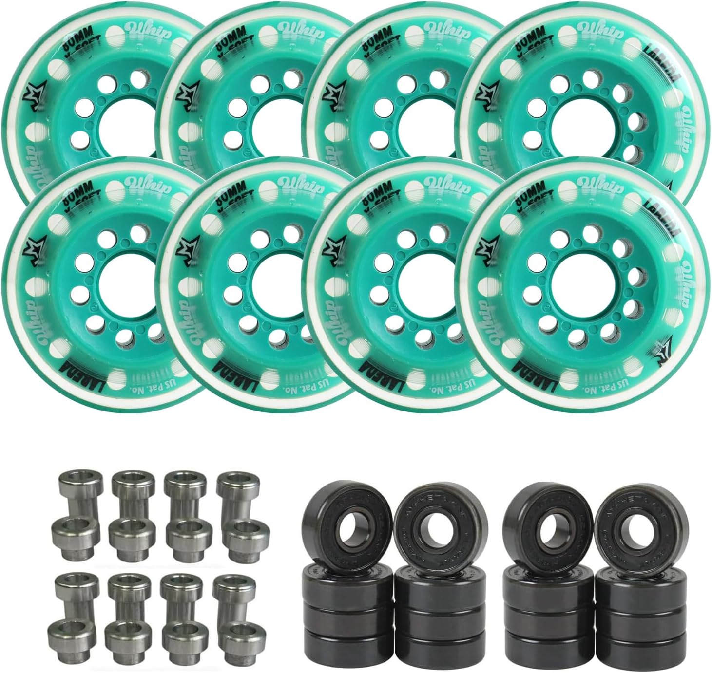 Labeda Whips Roller Hockey Wheels - Teal X-Soft 80mm - 8-Pack with Evo Spacers and Hybrid Ceramic Bearings