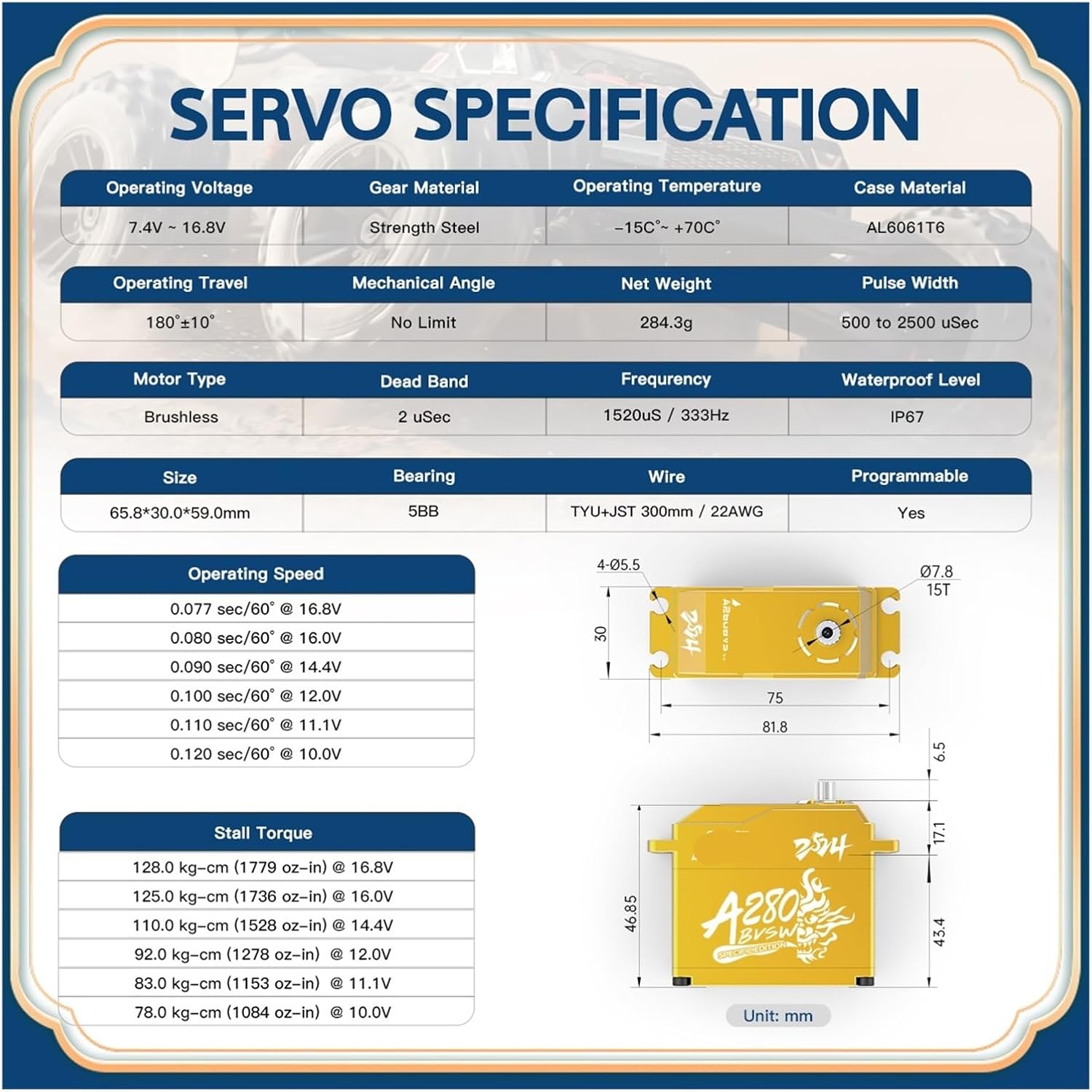 A280BVSW 3S/4S 16V 125KG Super Torque Metal Gear Waterproof Brushless Servo for 1/5 Scale(A280BVSW 125KG Set1)