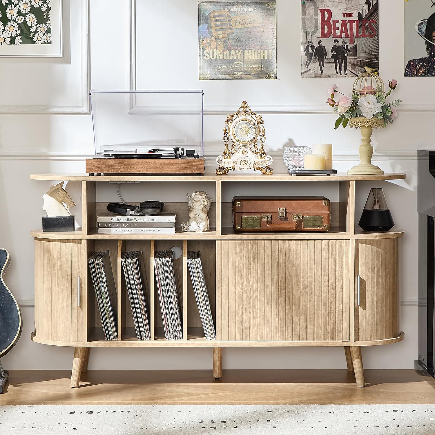 LELELINKY Large Round Record Player Stand with Charging Station & Fluted Panel
