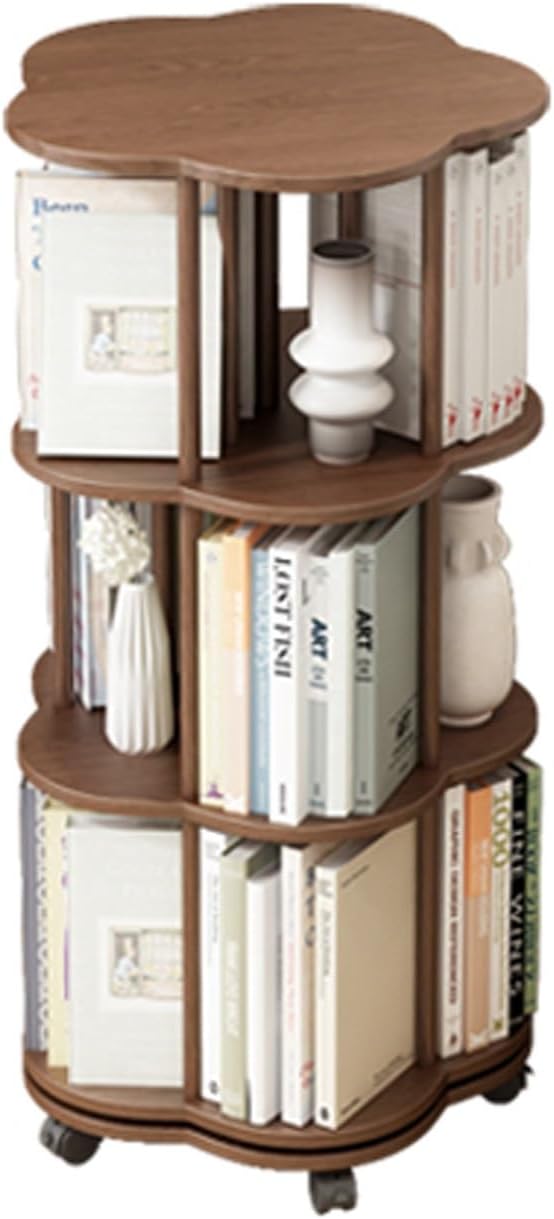 Spinning Bookshelf Tower With directional wheels,360 Degree Rotating Bookshelf Tower ,Bookshelf Rotating Storage Rack, Rubber wood Swivel Bookcase for Living Room,Study Room,Home,Office.(2/3/4 Tier)(W