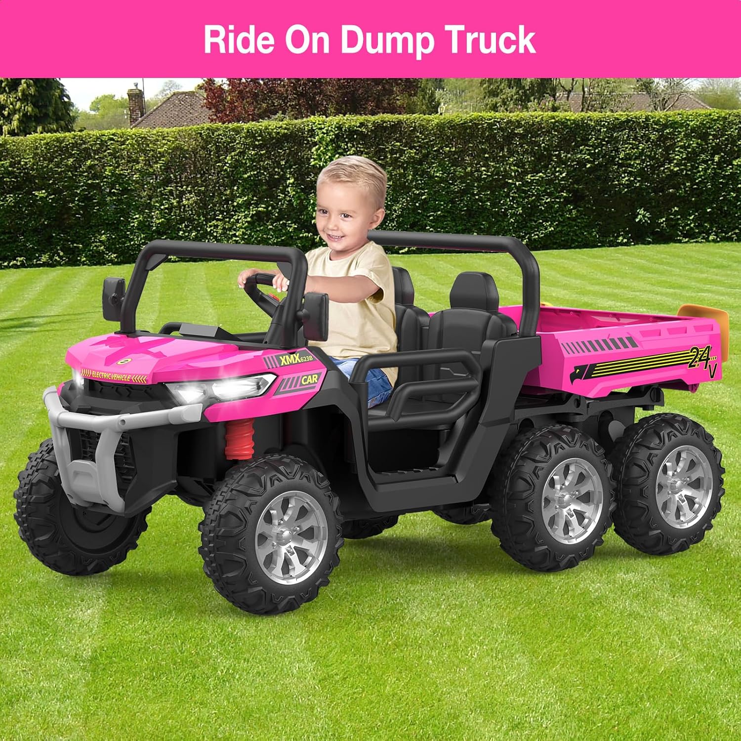 Hetoy 24V Ride on Dump Truck with Remote Control, Electric Dump Bed, Electric Utility Vehicles UTV 4WD Battery Powered 6 Wheeler Ride On Toys for Boys Girls (Pink)