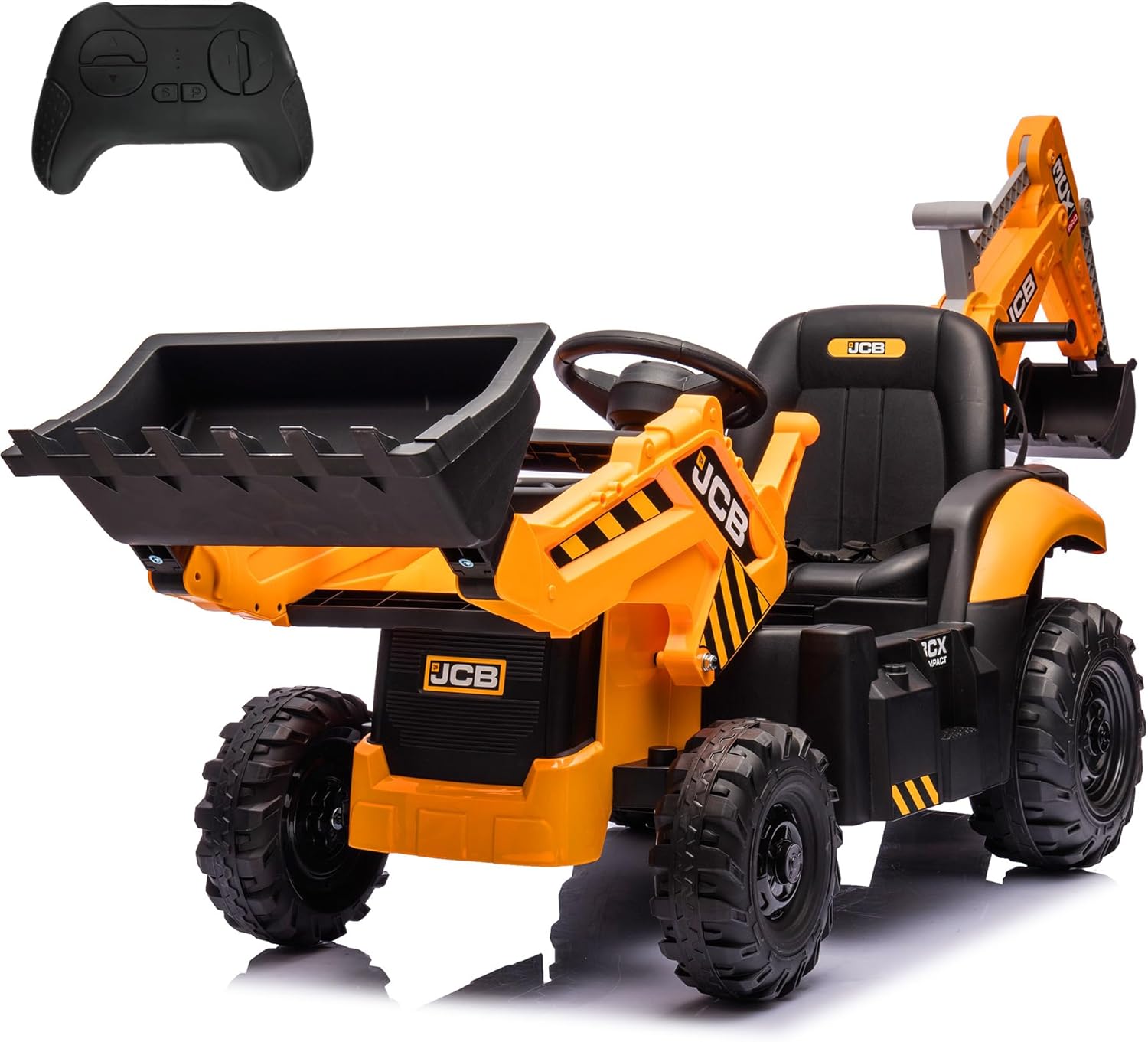 24V JCB Ride On Excavator with Remote Control, 400W Powerful Motor Battery Powered Electric Vehicle with Seat Direction Changeable, Tractor,Bulldozer,Digging Arm, Yellow