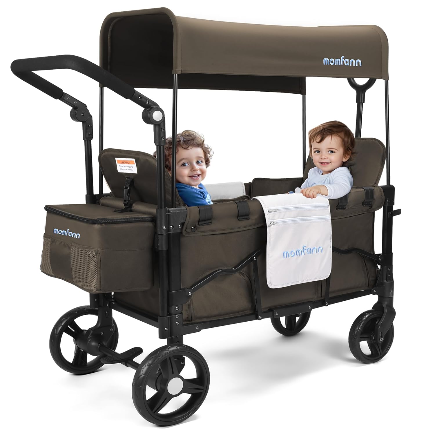 Stroller Wagon for 2 Kids, Baby Wagon Stroller with Adjustable Handle for Infants and Toddlers Includes Canopy & Organizer, Foldable and Convenient for Storage, Brown