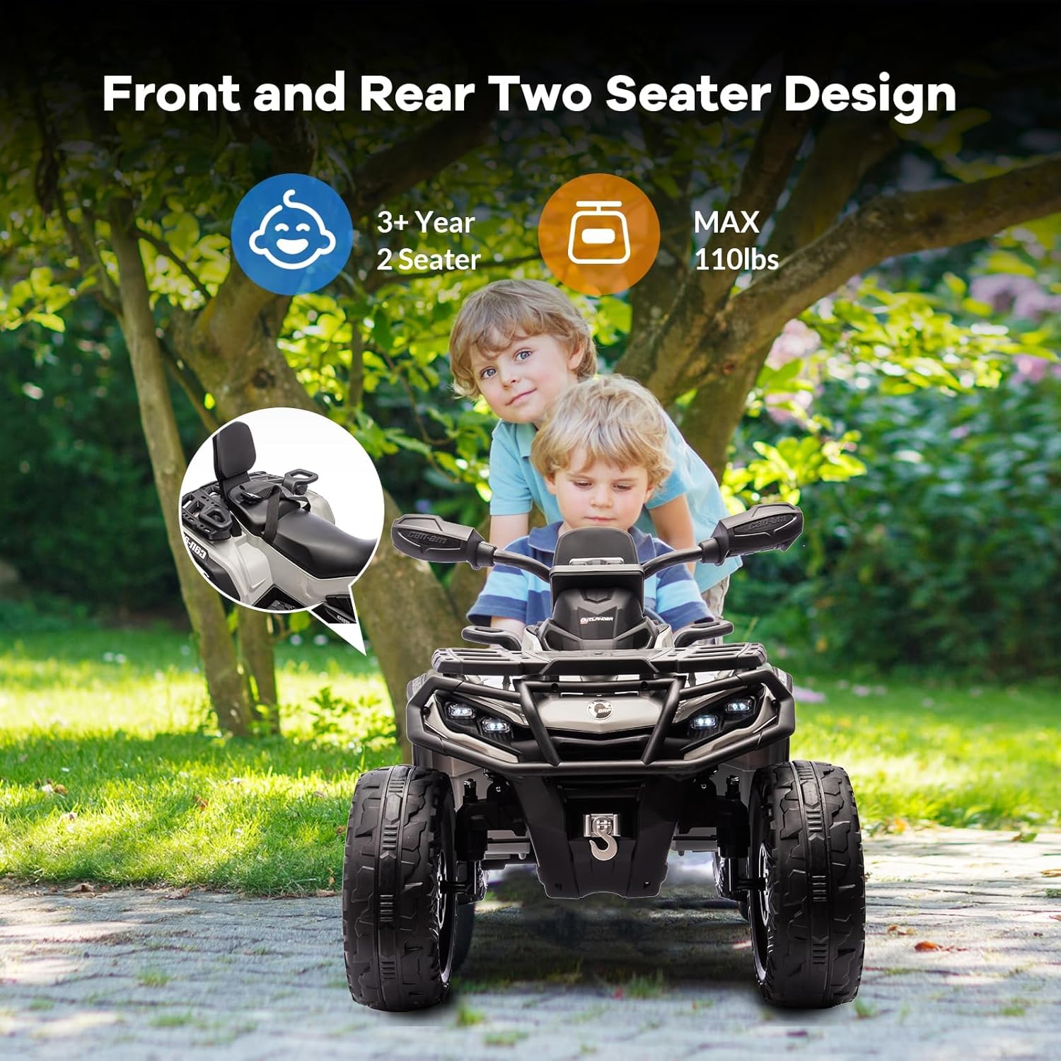 12v Kids Electric ATV, Ride-on Toy Car for Toddlers, 4-Wheel Vehicle with 2-Seater, Remote Control, LED Lights, Music, and Spring Suspension, Electric Car for Kids, 4 Mph Safety Speed, Blue