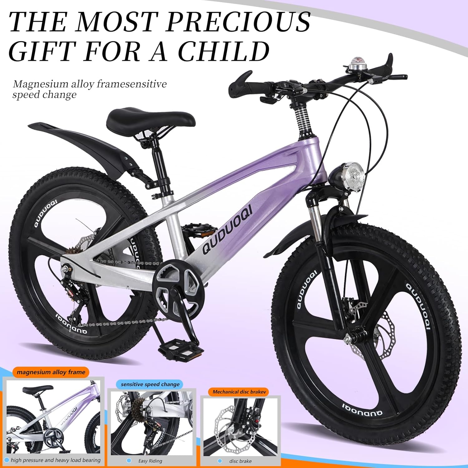 20-Inch Kids Mountain Bike, Lightweight Magnesium Alloy Frame, 7-Speed Gears with Dual Disc Brakes, Front Suspension, LED Headlight, Youth Bike for Ages 6-14