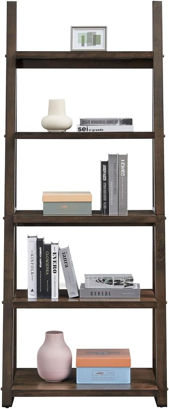 KCSWKJ 5-Tier Shelves,Bookshelf, Storage Rack, Bookcase with Rubber Wood Frame, Ladder Shelf for Living Room, Home Office, Kitchen, Bedroom, Apartment,Rustic Brown