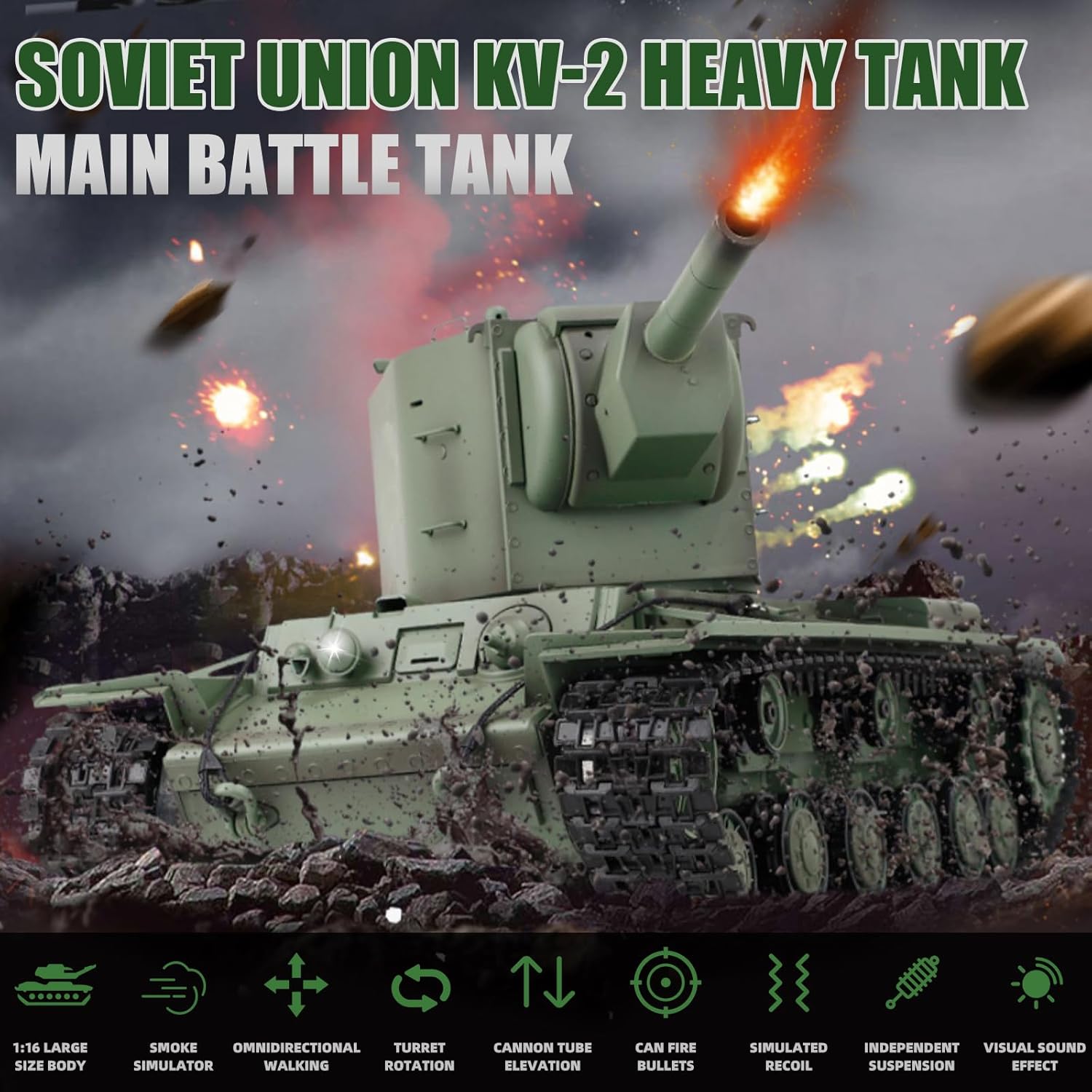 RC Tanks Heng Long Russia KV-2 Heavy Tank, 1/16 2.4ghz Russian Tank Model That Shoots, Remote Control Tank Vehicles with Sound & Light for Ages 14+