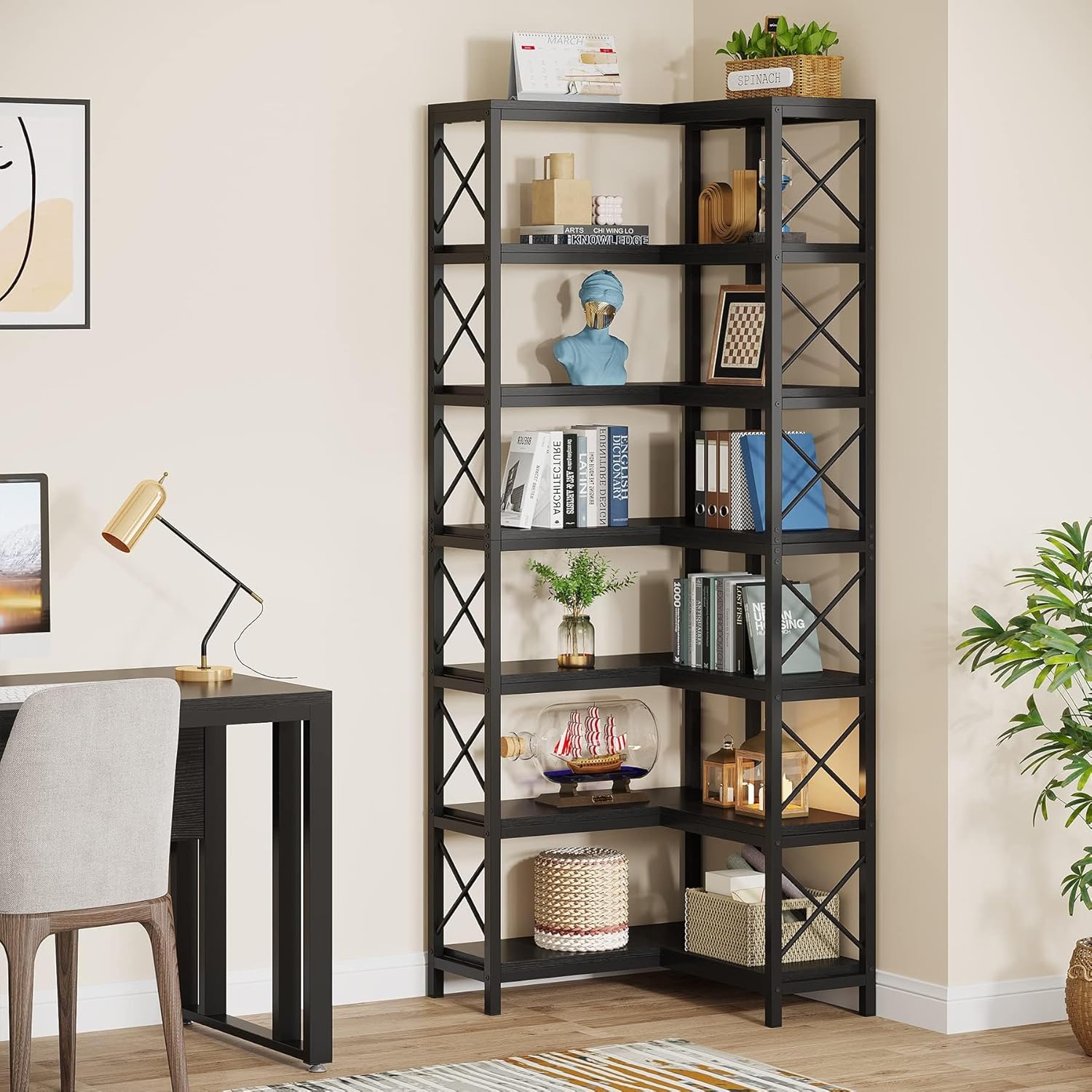 LITTLE TREE 79 inches Tall Bookshelf Bookcase, 7-Tier Corner Book Shelf, Modern Freestanding Open Book Shelves, Black Shelving Unit Display Shelf for Living Room