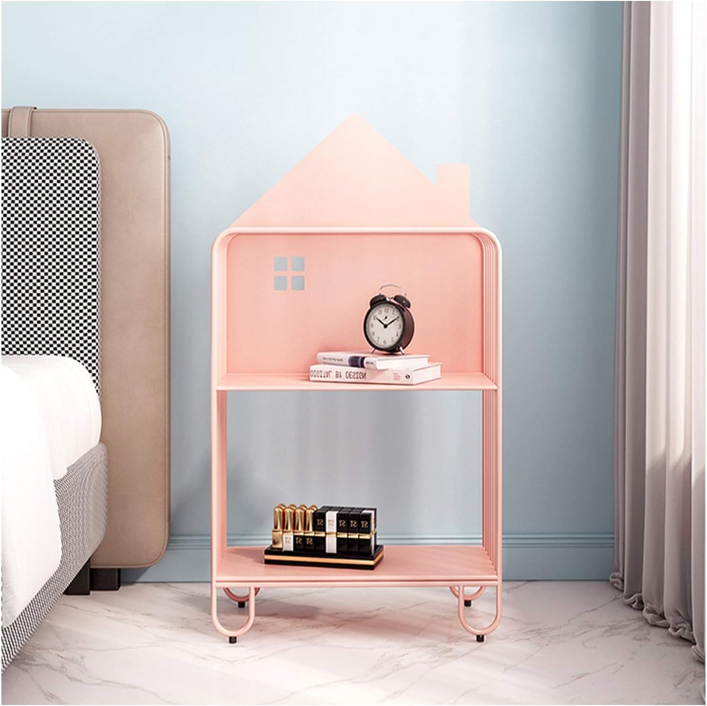 KIZQYN Bookcase 2 Tier Metal Bookshelf Rack Child Bookcase Bedroom Picture Book Storage Rack Open Shelf，L 24